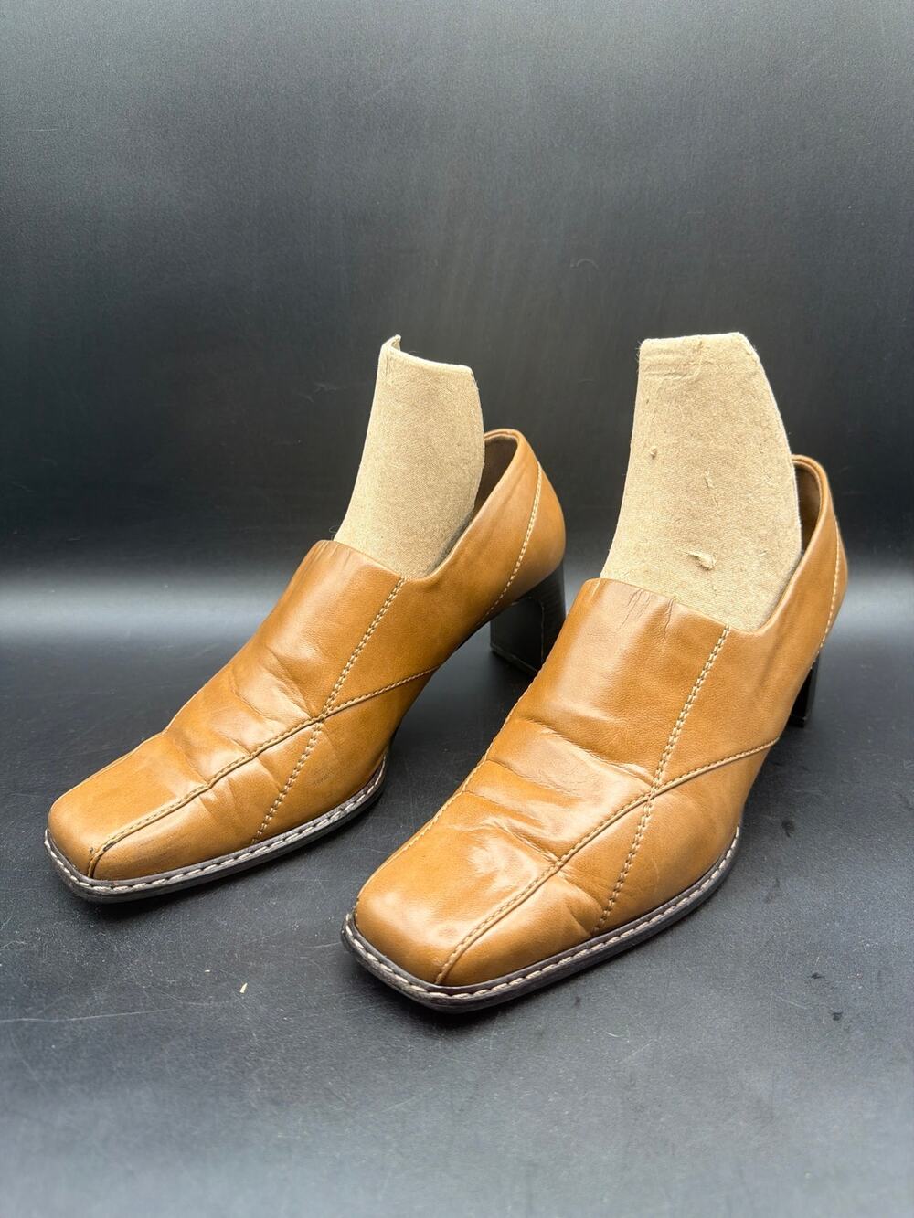 Paul Green Munchen Tan Leather Square Toe Pumps Womens US 7.5 Heel
 Handmade UK5